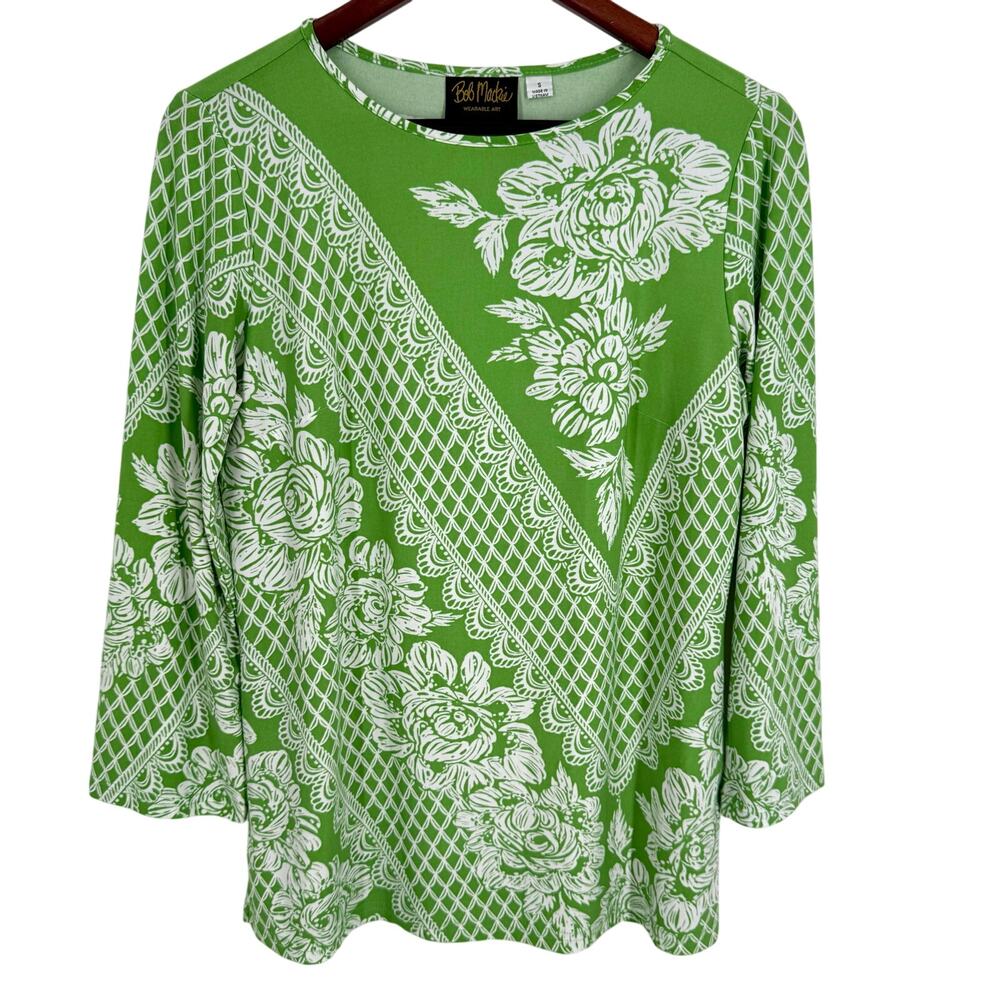 Bob Mackie Sz Small Wearable Art Green Stretchy Blouse Shirt Top Unique Floral